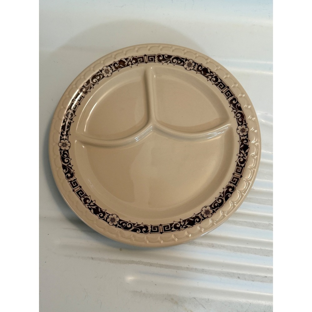 Syracuse China Econo-Rim Divided Grill Plates Tan Brown Floral Set of 2 Vintage